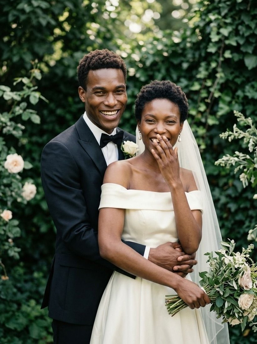 A groom laughing behind his bride in a rose garden